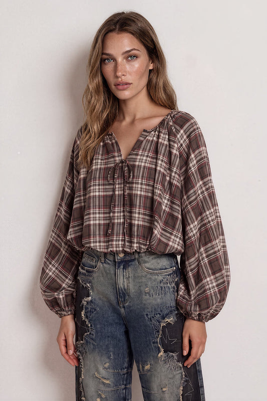 Blouse ruit pofmouw bruin
