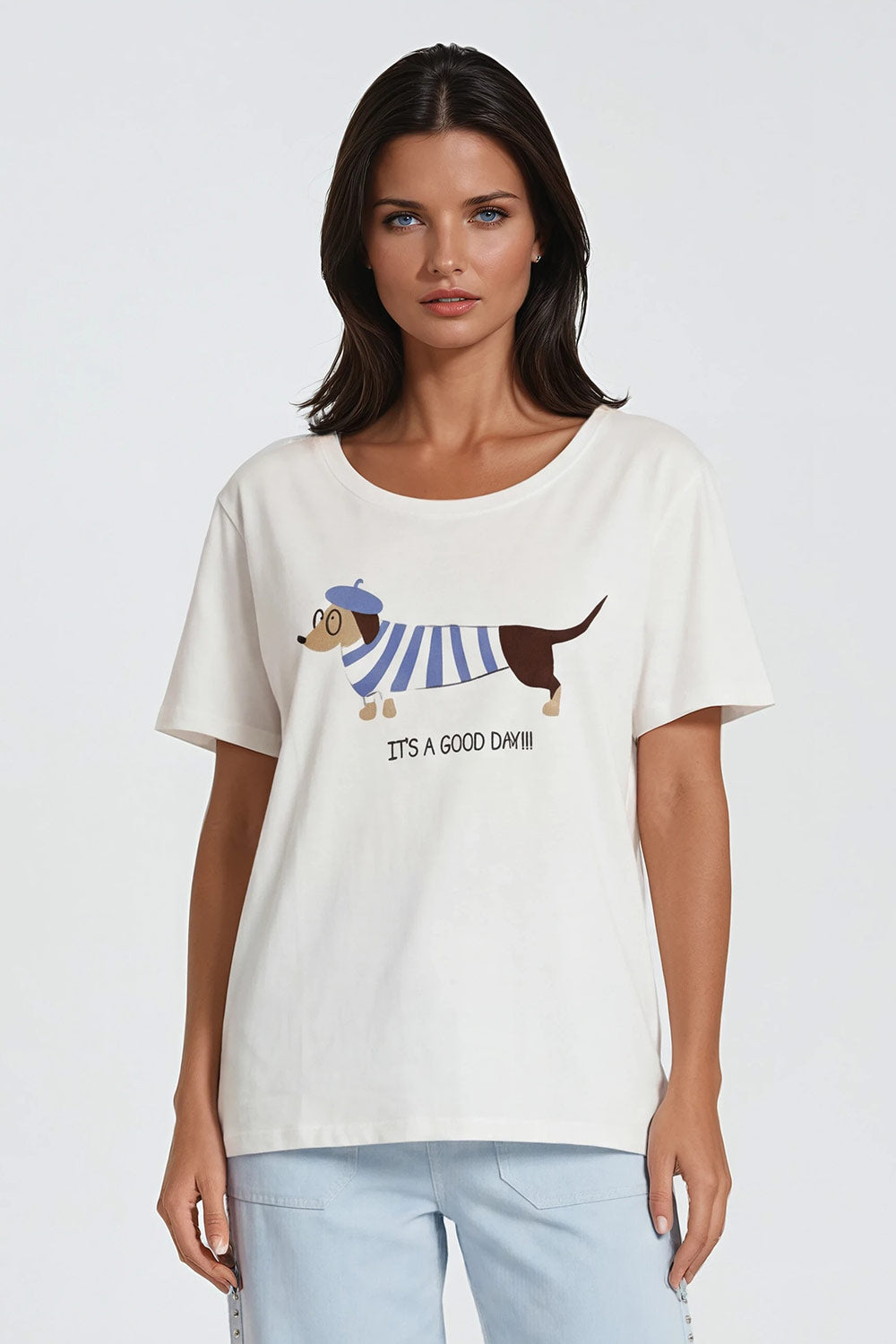 T-shirt Teckel – Wit/Blauw