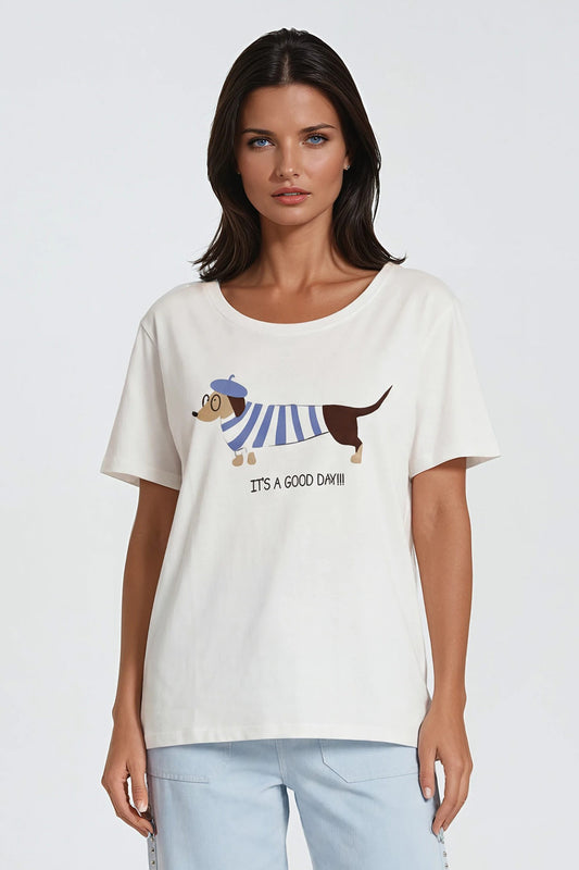 T-shirt Teckel – Wit/Blauw